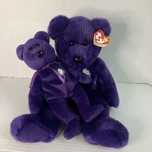 Lot of 2 Vintage Ty Princess Diana Beanie Baby Buddy Purple Bears White Rose